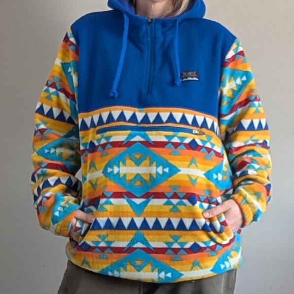 Vintage Massive Outdoor Supply Fleece Half Zip Hoodie, Blue & Orange, Size L - Picture 3 of 15